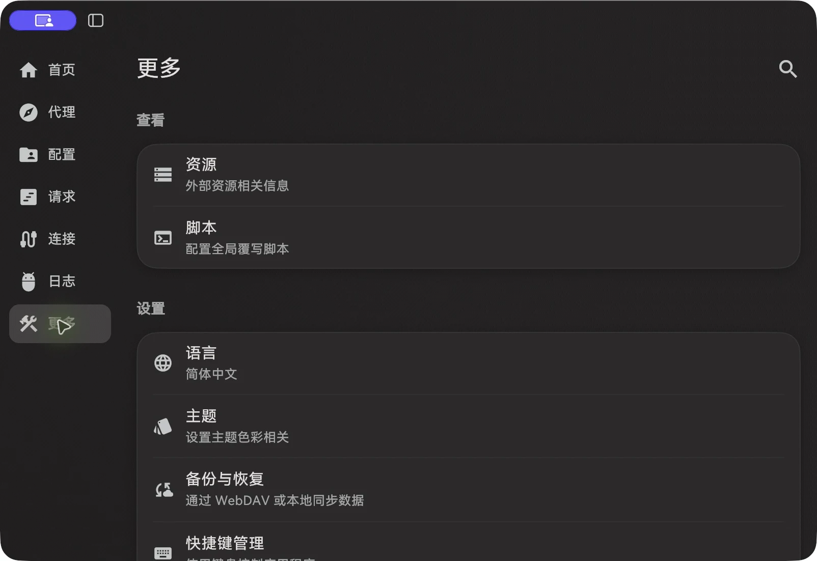 更多页面中的语言、主题、备份与恢复等设置入口